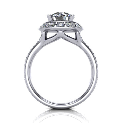 Melissa round halo engagement ring in 14K White Gold, through-finger front profile showing the halo head raised above the pav&eacute; split band