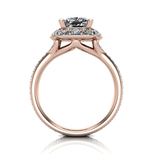 Melissa cushion halo engagement ring in 14K Rose Gold, through-finger front profile showing the halo head raised above the pav&eacute; split band