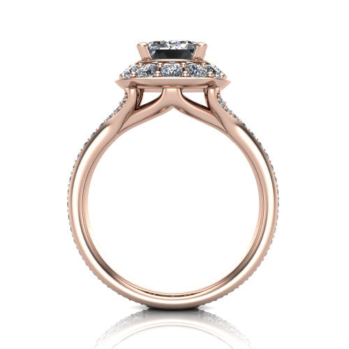 Melissa emerald halo engagement ring in 18K Rose Gold, through-finger front profile showing the halo head raised above the pav&eacute; split band