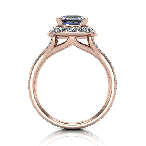 Melissa asscher halo engagement ring in 14K Rose Gold, through-finger front profile showing the halo head raised above the pav&eacute; split band