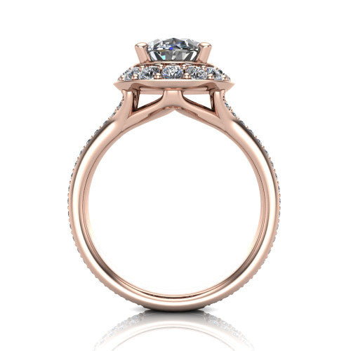 Melissa oval halo engagement ring in 18K Rose Gold, through-finger front profile showing the halo head raised above the pav&eacute; split band