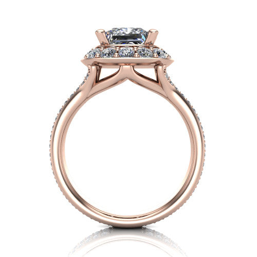 Melissa princess halo engagement ring in 14K Rose Gold, through-finger front profile showing the halo head raised above the pav&eacute; split band