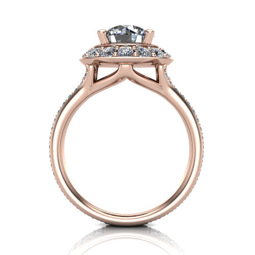 Melissa round halo engagement ring in 14K Rose Gold, through-finger front profile showing the halo head raised above the pav&eacute; split band