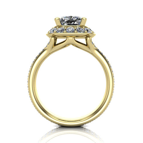 Melissa cushion halo engagement ring in 14K Yellow Gold, through-finger front profile showing the halo head raised above the pav&eacute; split band