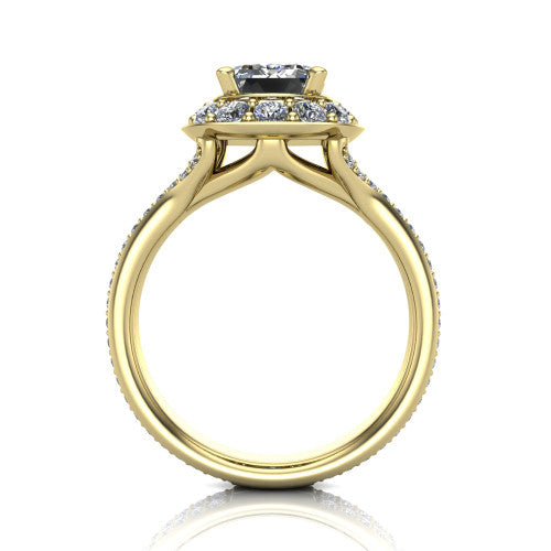 Melissa emerald halo engagement ring in 18K Yellow Gold, through-finger front profile showing the halo head raised above the pav&eacute; split band