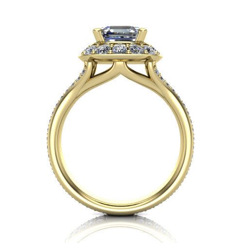 Melissa asscher halo engagement ring in 18K Yellow Gold, through-finger front profile showing the halo head raised above the pav&eacute; split band