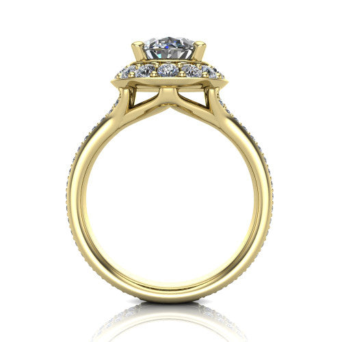 Melissa oval halo engagement ring in 14K Yellow Gold, through-finger front profile showing the halo head raised above the pav&eacute; split band
