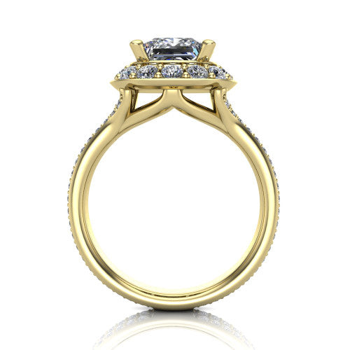Melissa princess halo engagement ring in 18K Yellow Gold, through-finger front profile showing the halo head raised above the pav&eacute; split band