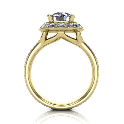 Melissa round halo engagement ring in 14K Yellow Gold, through-finger front profile showing the halo head raised above the pav&eacute; split band