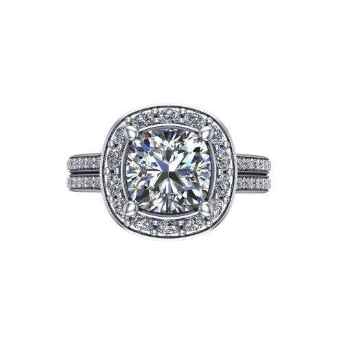 Melissa cushion halo engagement ring in 14K White Gold, top-down view showing the center diamond framed by a soft cushion-shaped pav&eacute; halo