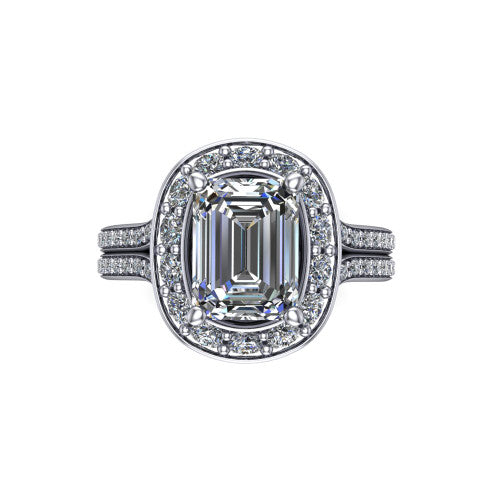 Melissa emerald halo engagement ring in 18K White Gold, top-down view showing the center diamond framed by a soft cushion-shaped pav&eacute; halo