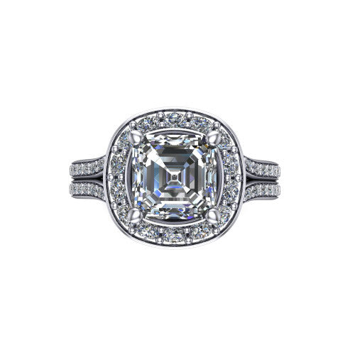 Melissa asscher halo engagement ring in 14K White Gold, top-down view showing the center diamond framed by a soft cushion-shaped pav&eacute; halo