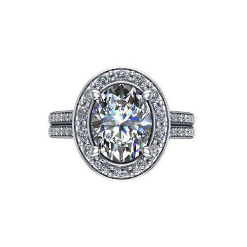 Melissa oval halo engagement ring in Platinum, top-down view showing the center diamond framed by a soft cushion-shaped pav&eacute; halo