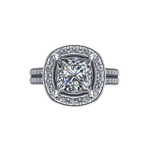 Melissa princess halo engagement ring in Platinum, top-down view showing the center diamond framed by a soft cushion-shaped pav&eacute; halo