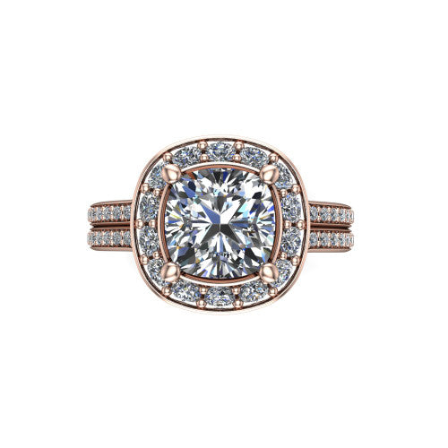 Melissa cushion halo engagement ring in 18K Rose Gold, top-down view showing the center diamond framed by a soft cushion-shaped pav&eacute; halo
