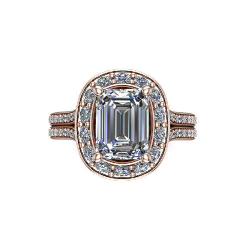Melissa emerald halo engagement ring in 18K Rose Gold, top-down view showing the center diamond framed by a soft cushion-shaped pav&eacute; halo