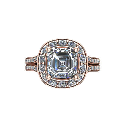 Melissa asscher halo engagement ring in 14K Rose Gold, top-down view showing the center diamond framed by a soft cushion-shaped pav&eacute; halo