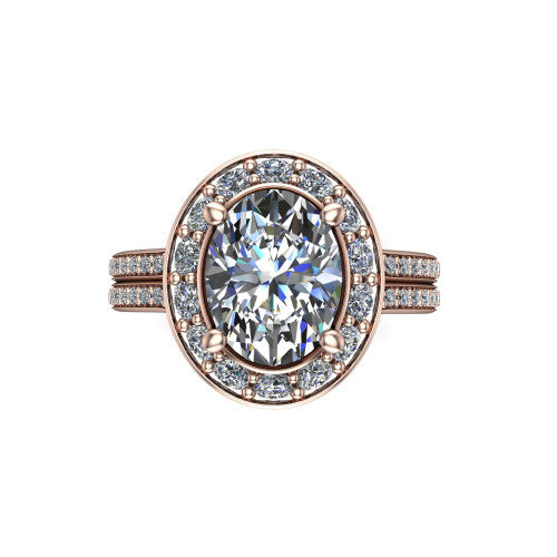 Melissa oval halo engagement ring in 14K Rose Gold, top-down view showing the center diamond framed by a soft cushion-shaped pav&eacute; halo