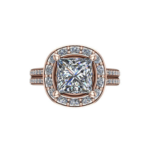 Melissa princess halo engagement ring in 14K Rose Gold, top-down view showing the center diamond framed by a soft cushion-shaped pav&eacute; halo