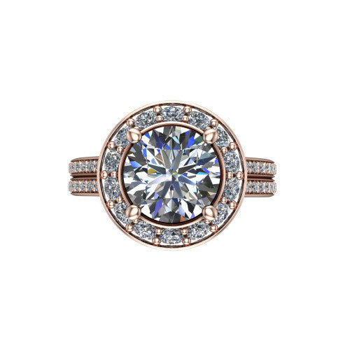 Melissa round halo engagement ring in 18K Rose Gold, top-down view showing the center diamond framed by a soft cushion-shaped pav&eacute; halo