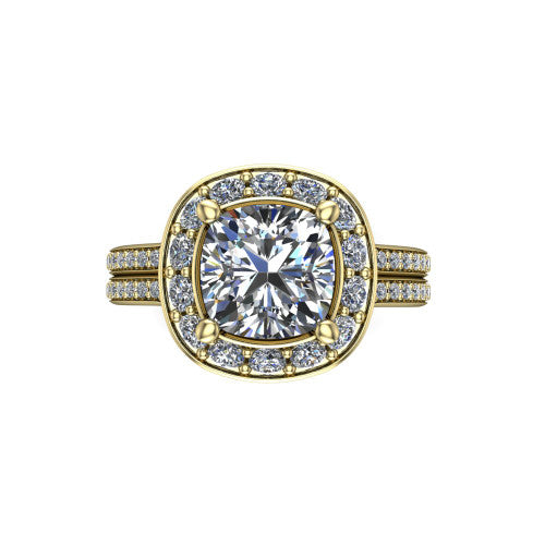 Melissa cushion halo engagement ring in 18K Yellow Gold, top-down view showing the center diamond framed by a soft cushion-shaped pav&eacute; halo