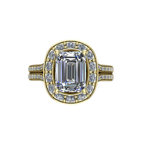 Melissa emerald halo engagement ring in 14K Yellow Gold, top-down view showing the center diamond framed by a soft cushion-shaped pav&eacute; halo