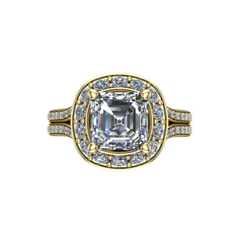 Melissa asscher halo engagement ring in 14K Yellow Gold, top-down view showing the center diamond framed by a soft cushion-shaped pav&eacute; halo
