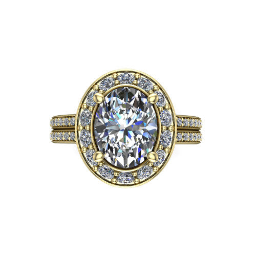 Melissa oval halo engagement ring in 18K Yellow Gold, top-down view showing the center diamond framed by a soft cushion-shaped pav&eacute; halo