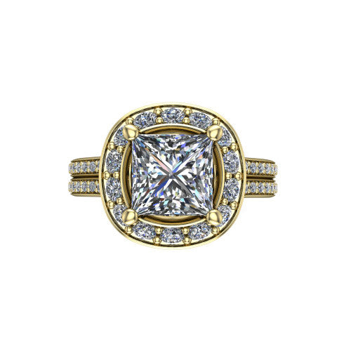 Melissa princess halo engagement ring in 18K Yellow Gold, top-down view showing the center diamond framed by a soft cushion-shaped pav&eacute; halo