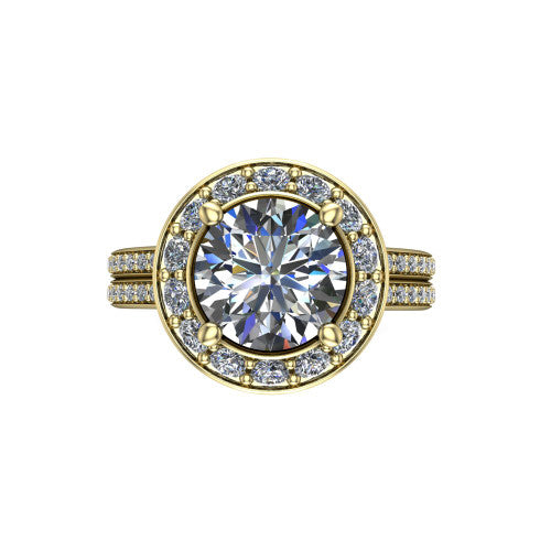 Melissa round halo engagement ring in 14K Yellow Gold, top-down view showing the center diamond framed by a soft cushion-shaped pav&eacute; halo