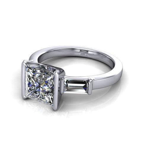 Amanda princess three stone engagement ring in 14K White Gold, three-quarter perspective showing the center diamond between two tapered baguette side stones on a slim polished band