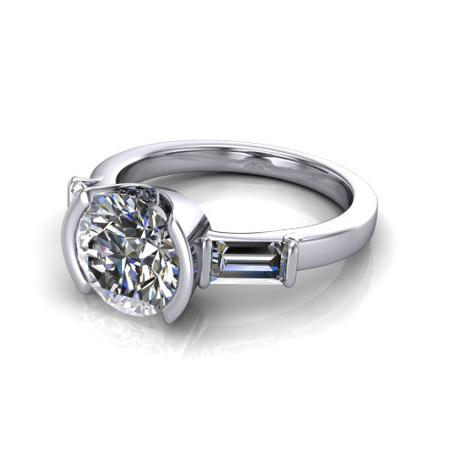 Amanda round three stone engagement ring in 14K White Gold, three-quarter perspective showing the center diamond between two tapered baguette side stones on a slim polished band