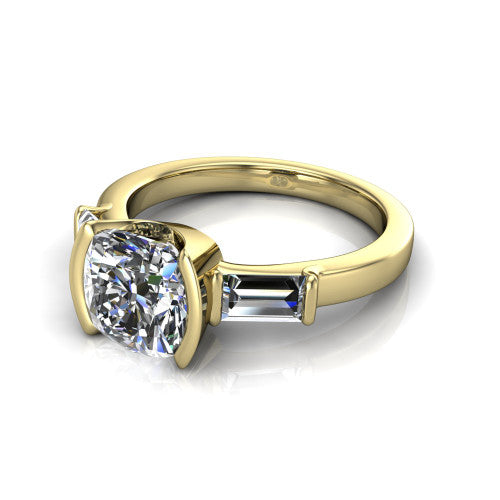 Amanda cushion three stone engagement ring in 14K Yellow Gold, three-quarter perspective showing the center diamond between two tapered baguette side stones on a slim polished band