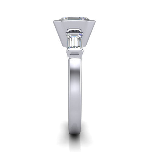 Amanda asscher three stone engagement ring in 14K White Gold, side profile showing the tapered baguette side stone and the smooth tapered polished band