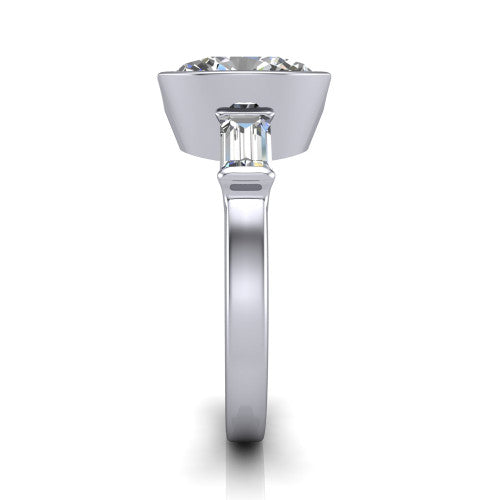 Amanda oval three stone engagement ring in 14K White Gold, side profile showing the tapered baguette side stone and the smooth tapered polished band
