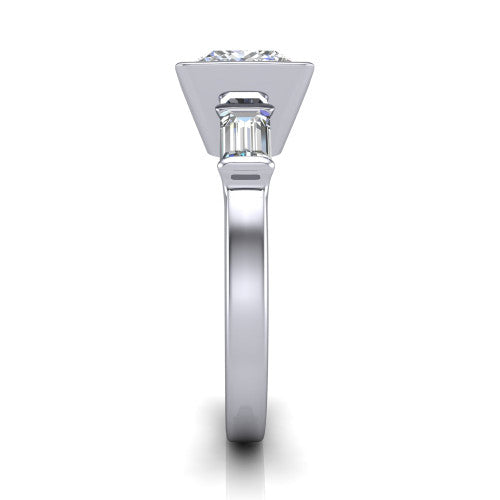 Amanda princess three stone engagement ring in 14K White Gold, side profile showing the tapered baguette side stone and the smooth tapered polished band