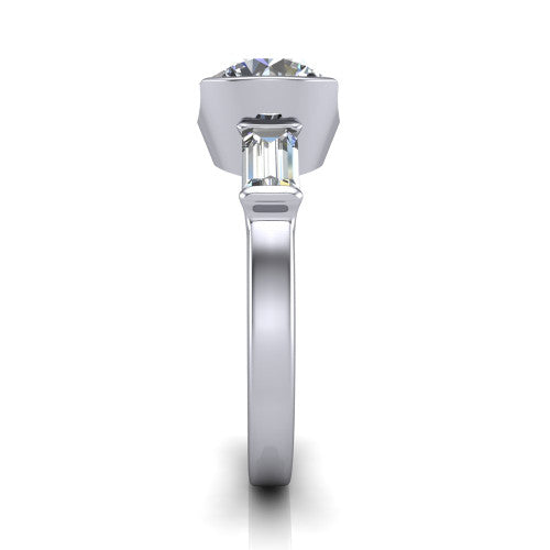 Amanda round three stone engagement ring in 18K White Gold, side profile showing the tapered baguette side stone and the smooth tapered polished band