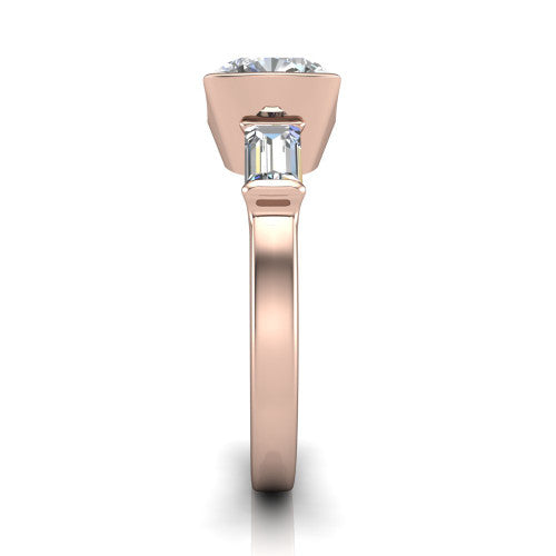 Amanda cushion three stone engagement ring in 18K Rose Gold, side profile showing the tapered baguette side stone and the smooth tapered polished band