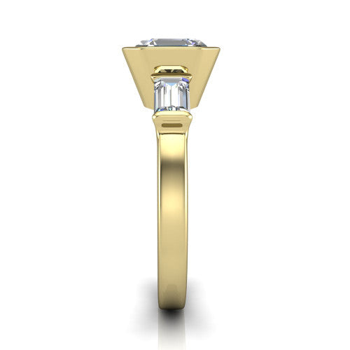 Amanda asscher three stone engagement ring in 14K Yellow Gold, side profile showing the tapered baguette side stone and the smooth tapered polished band