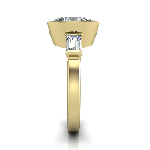 Amanda oval three stone engagement ring in 14K Yellow Gold, side profile showing the tapered baguette side stone and the smooth tapered polished band