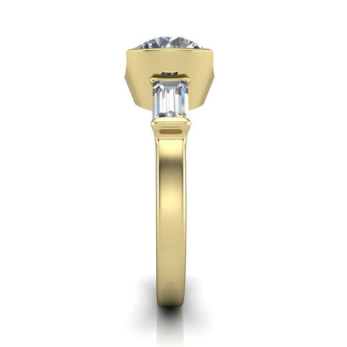 Amanda round three stone engagement ring in 14K Yellow Gold, side profile showing the tapered baguette side stone and the smooth tapered polished band