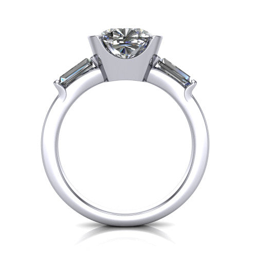 Amanda cushion three stone engagement ring in Platinum, through-finger front profile showing the three-stone head raised above the slim polished shank and trellis gallery
