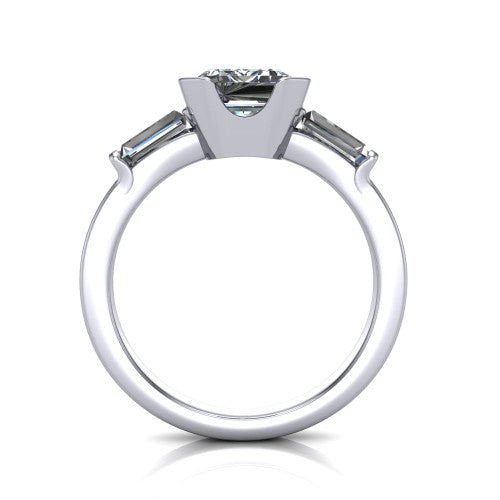 Amanda emerald three stone engagement ring in 14K White Gold, through-finger front profile showing the three-stone head raised above the slim polished shank and trellis gallery