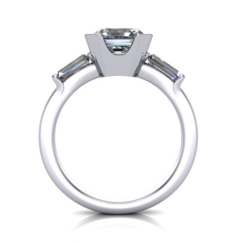 Amanda asscher three stone engagement ring in 14K White Gold, through-finger front profile showing the three-stone head raised above the slim polished shank and trellis gallery