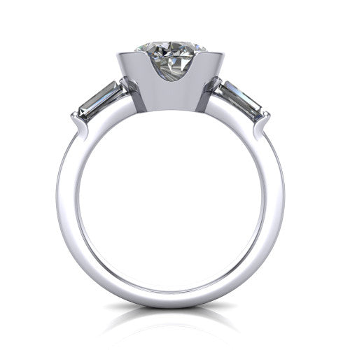 Amanda oval three stone engagement ring in 18K White Gold, through-finger front profile showing the three-stone head raised above the slim polished shank and trellis gallery