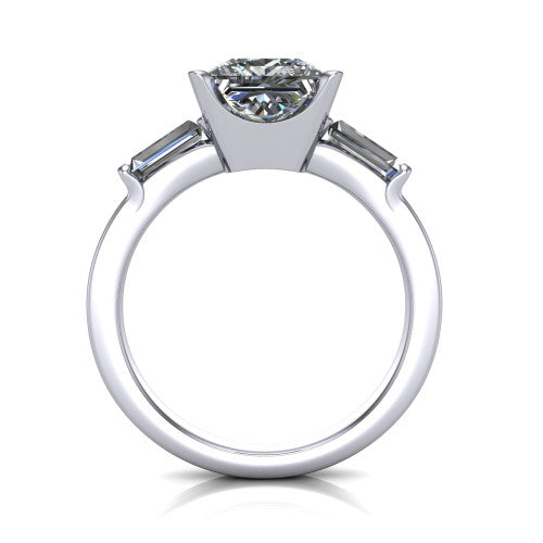 Amanda princess three stone engagement ring in 14K White Gold, through-finger front profile showing the three-stone head raised above the slim polished shank and trellis gallery