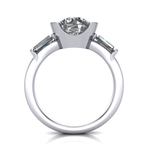 Amanda round three stone engagement ring in 14K White Gold, through-finger front profile showing the three-stone head raised above the slim polished shank and trellis gallery
