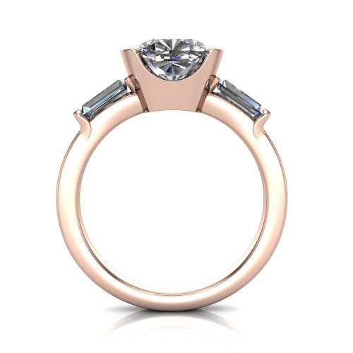 Amanda cushion three stone engagement ring in 18K Rose Gold, through-finger front profile showing the three-stone head raised above the slim polished shank and trellis gallery
