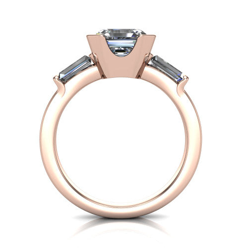 Amanda asscher three stone engagement ring in 14K Rose Gold, through-finger front profile showing the three-stone head raised above the slim polished shank and trellis gallery