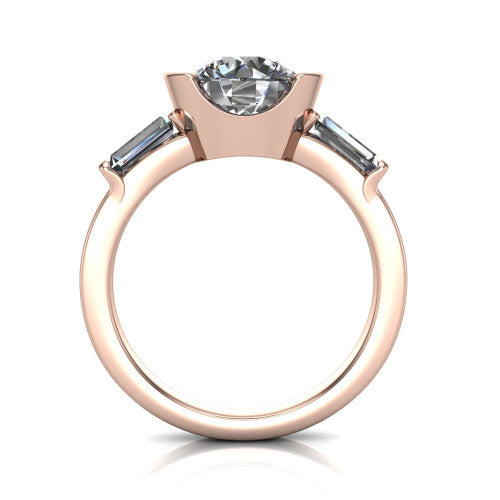 Amanda round three stone engagement ring in 14K Rose Gold, through-finger front profile showing the three-stone head raised above the slim polished shank and trellis gallery